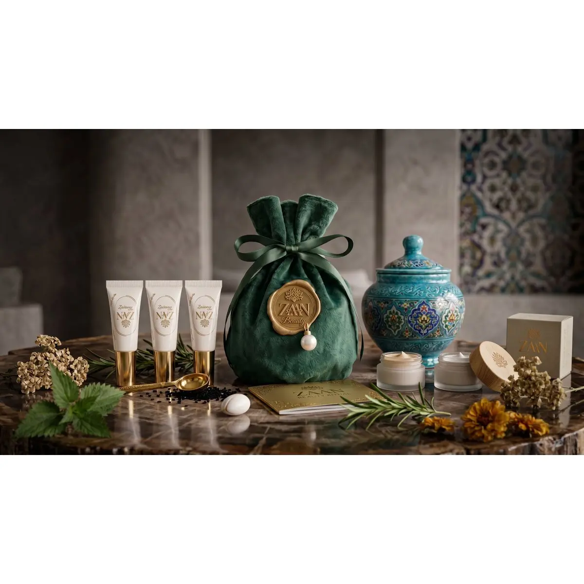The ZAA'N Discovery Pouch – 5 Persian Skincare Minis in Emerald Velvet Pouch – 14-Day Ritual Set with Saffron Serum, Eye Serum, Ampoule & Crèmes