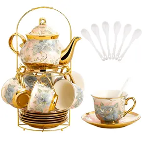 20 Pieces Porcelain Tea Set With Metal Holder, European Ceramic tea set,Flower Tea Set,Tea Set For Women With Flower Painting