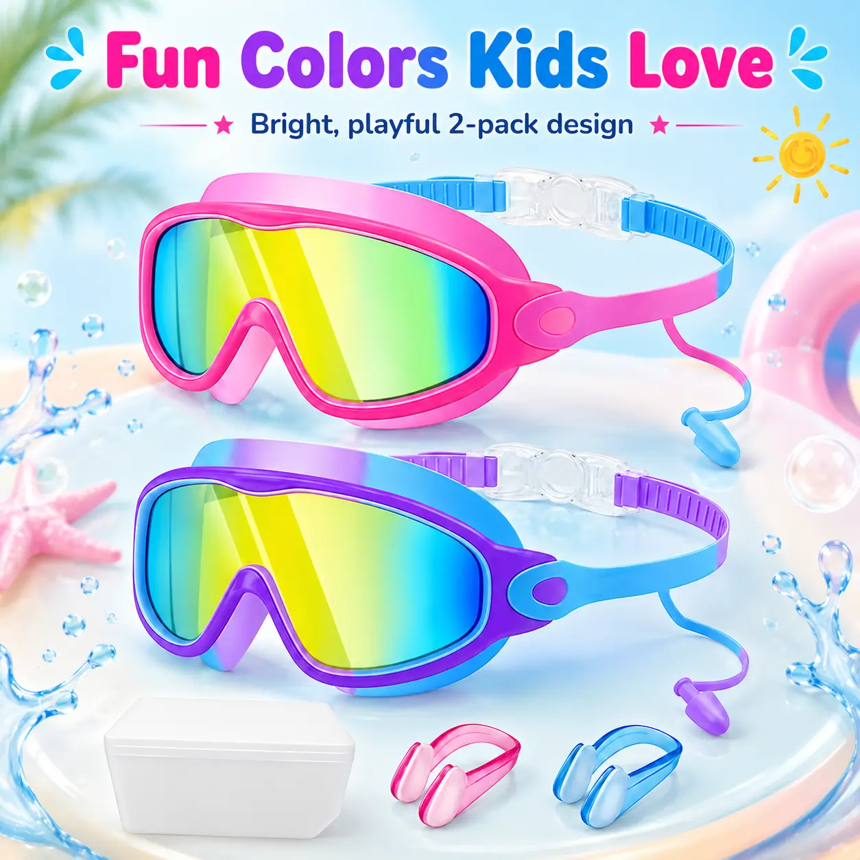 2 Pack Kids Swim Goggles for Boys Girls, Anti Fog No Leak Swimming Goggles with Nose Clip & Ear Plugs, Colorful Pool Beach Water Park Goggles anti-uv