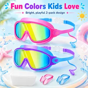 2 Pack Kids Swim Goggles for Boys Girls, Anti Fog No Leak Swimming Goggles with Nose Clip & Ear Plugs, Colorful Pool Beach Water Park Goggles outdoorfun