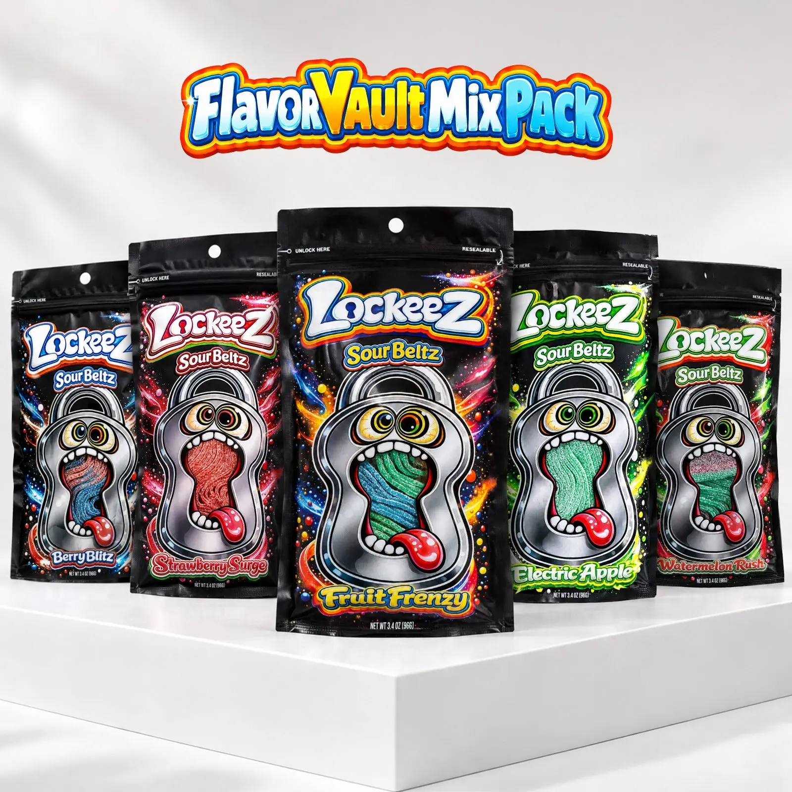Lockeez Sour Beltz Flavor Vault Mix Pack– Gelatin-Free Sour Candy Strips, 3.4 oz Resealable Bag (12 Strips per bag)