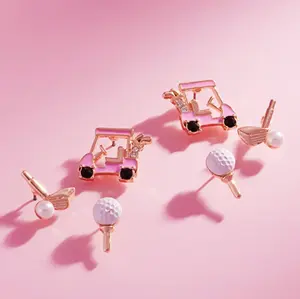 Titanium Gold Mini Golf Earrings Set – Golf Cart, Ball & Clubs Studs | Hypoallergenic Fun Jewelry for Golf Lovers