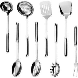 304 Stainless Steel Cooking Utensils Set, 8PCS Kitchen Utensils Set, Include Skimmer, Soup Ladle, Spaghetti Server, Wok Spatula, Slotted Spoon, Solid Spoon, Slotted Spatula Turner & Meat Fork