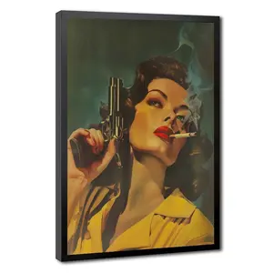 Vintage Pulp Fiction Style Canvas Wall Art - Retro Femme Fatale Poster with Gun & Smoke - Aesthetic Noir Decor | Black Wood Frame,  Wrapped Canvas or Unframed