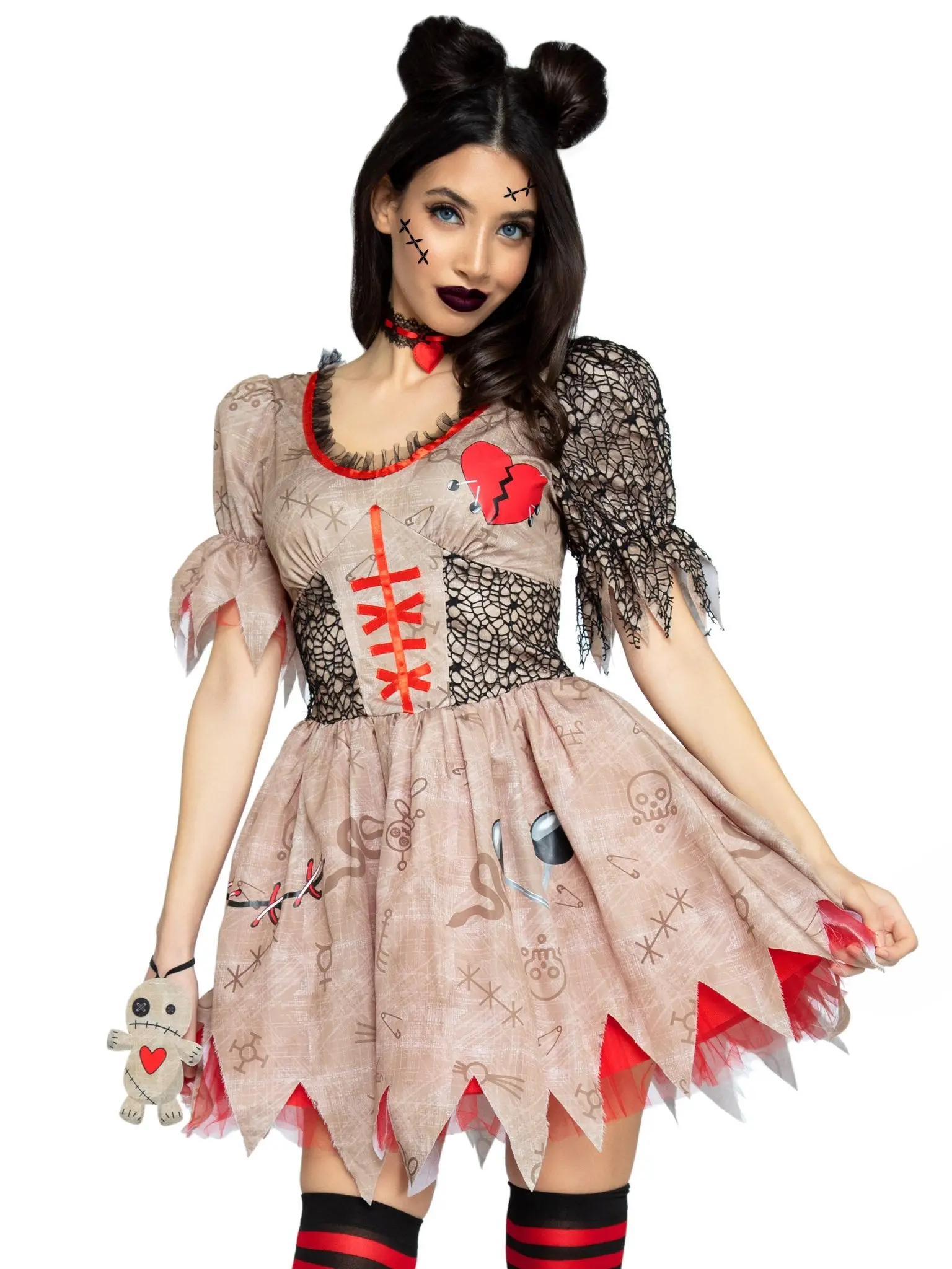 Women's Voodoo Doll Costume Dress, 3-Piece Printed Fit and Flair Style with Embroidered Heart Detail, Halloween Party Clothes with Accessories, Cute, Fishnet