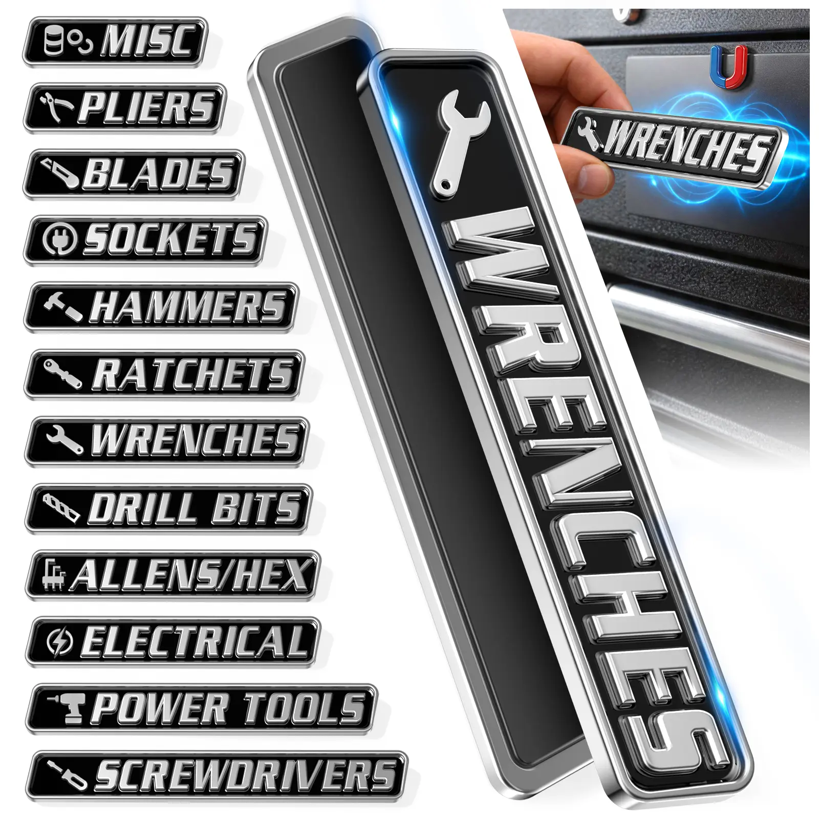 12 Pack of Magnetic Toolbox Labels,Designed for toolboxes, carts, drawers, and cabinets,suitable with major tool brands,for both indoor and garage use, Printed Tool Box Labels, General Tool Box Organize Accessories, Reusable Tags for Steel Toolboxes