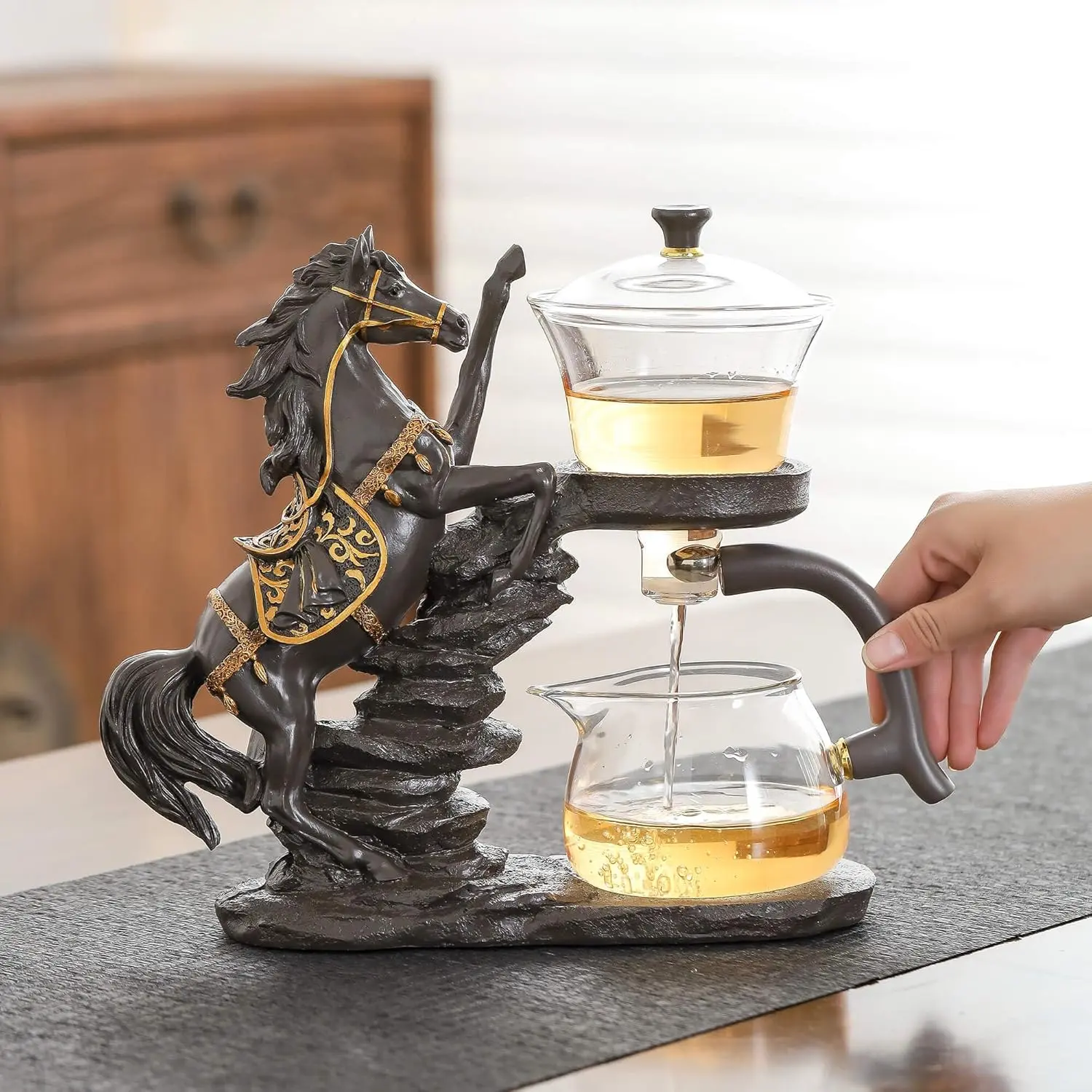 3-Piece Glass Kungfu Tea Pot Set (Kitchenware) - Stainless Steel Semi-Automatic Infuser, Brown Horse Motif, Separable Parts, Efficient Leaf & Tea Bag Filtering, Fruit Cup, Ideal Office Use & Birthday Gift, Tea Bags