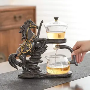 Glass Kungfu Teapot Set Tea maker with Infuser Semi Automatic Tea Set (Brown horse)