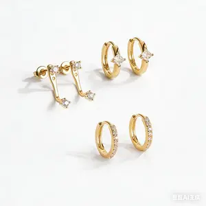 3-Pair 925 Sterling Silver Huggie Hoop Set - 14K Gold Plated CZ Cartilage Earrings, Hypoallergenic Stackable Jewelry Gift women