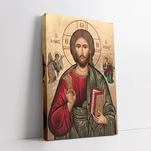 Vintage Orthodox Icon Framed Canvas Print Religious Figures Wall Art Gold Background for Elegant Home Decor Living Room Bathroom Ideal for Christmas and Holiday Celebrations