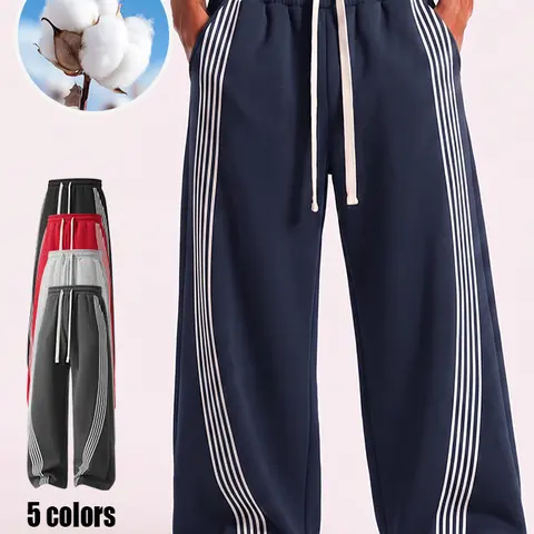Unisex American vintage striped wide leg sweatpants, loose floor length design, available in multiple colors, high street trendy men’s sports casual pants