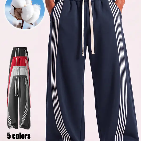 Unisex American vintage striped wide leg sweatpants, loose floor length design, available in multiple colors, high street trendy men’s sports casual pants