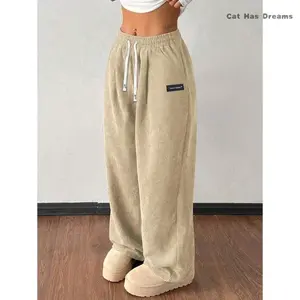 Women's Corduroy Casual Pants, Loose Straight Leg, Drawstring Waist, Vintage Pockets, Breathable & Comfortable, Suitable For Daily Activities, Autumn/Winter Womenswear Bottom