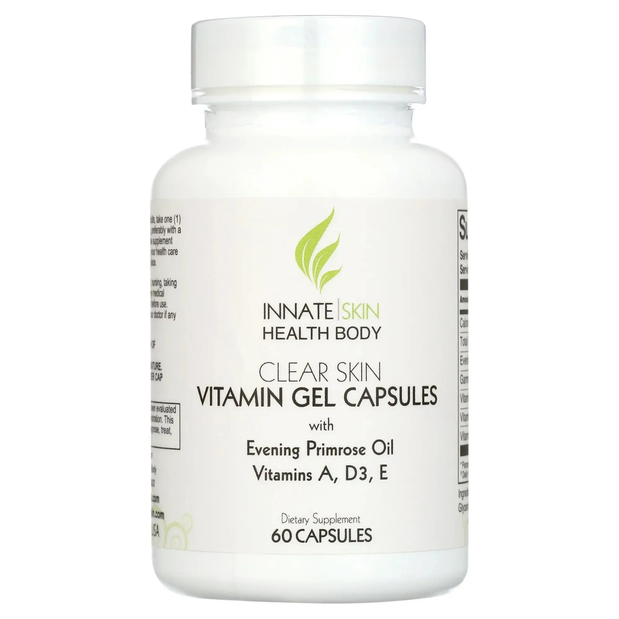 Clear Skin Acne Vitamin Gel Capsules with Evening Primrose Oil, Vitamin A, D (D3) & E | All Natural Complexion Supplement | 60 Count Softgel Capsules