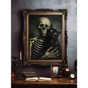1pc Vintage Skeleton Holding Moody Black Cat Poster Fear Halloween Rustic Canvas Wall Art Dark Academia Funny Gothic Prints Painting, Vintage Wearing Sunglasses Skeleton Girl Poster, Skeleton Drinking Coffee Poster, Halloween Fall Autumn Wall Art Home