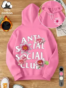 Cotton clothing, "ANTI SOCIAL SOCIAL CLUB" letter floral pattern print, a plush fitted casual sports hoodie, retro style washed cotton long-sleeved hooded sweatshirt, autumn and winter women's clothing