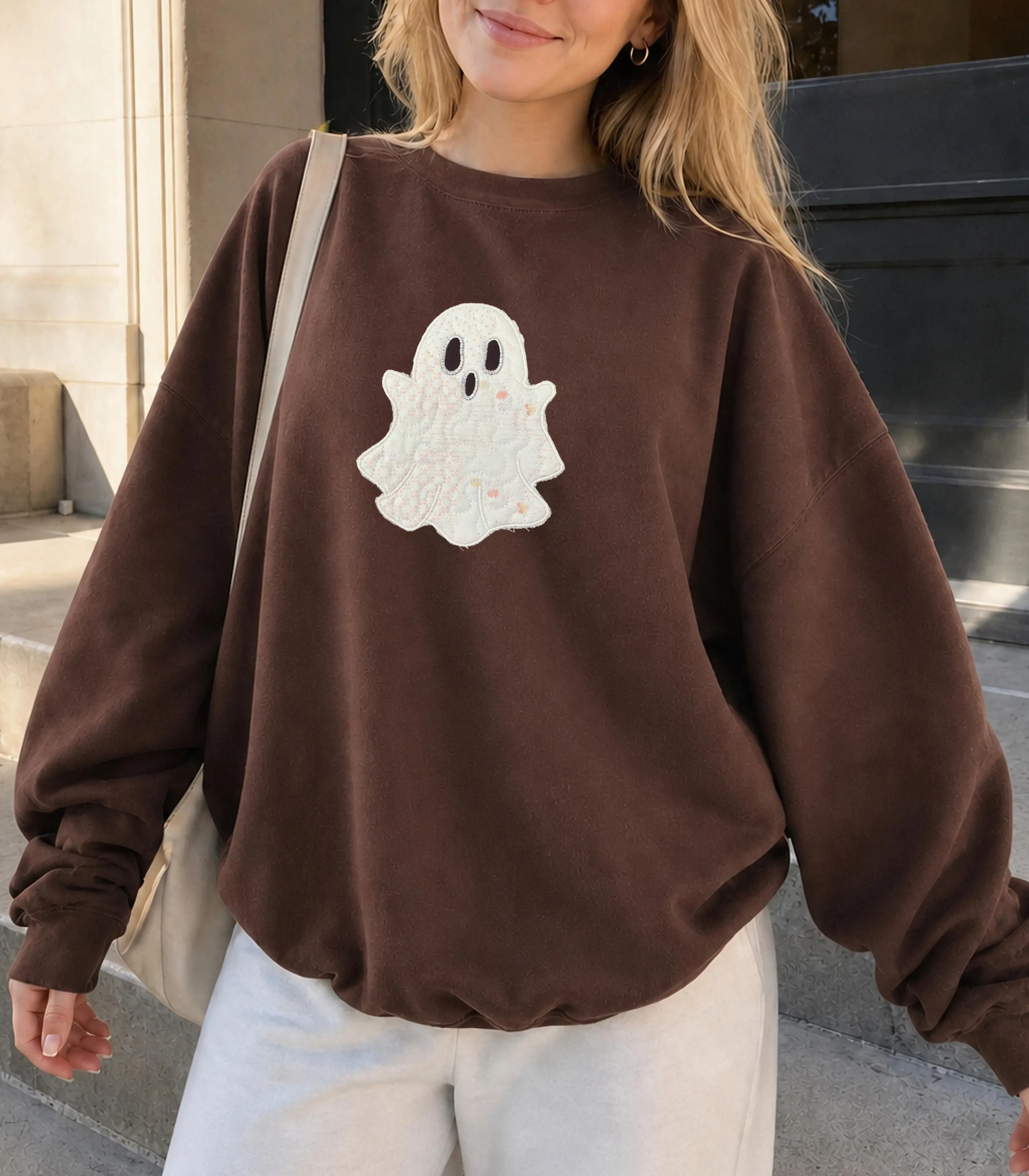 Brown Halloween Ghost Lightweight Sweatshirt – Quilted Patchwork backtoschoolshopping