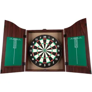 Dart Board Cabinet Set with 18-inch Dartboard, 6 Steel-Tip Darts and Chalkboard Scoring, Ideal for Game Rooms, Man Caves and Home Bars