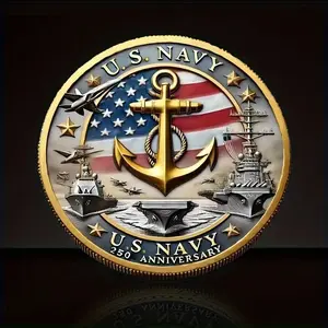 Us Navy 250th Anniversary Coin Set, & Ship Design with American Flag, Military Art Collectible Gift for Friends & Enthusiasts