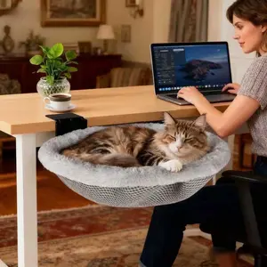 Cat Desk Bed, Space Saving Foldable Cat Bed for Desk, Supports 50 Lbs, Heavy Duty Side Perch for Gaming Desks and Home Office, Machine Washable NRYDEPET