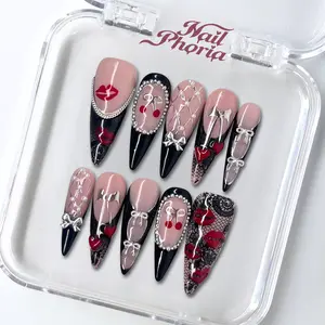 NailPhoria MIDNIGHT COQUETTE - Valentine Handmade Press-On Nails | Reusable, Salon-Quality, Long-Lasting, Glossy Design