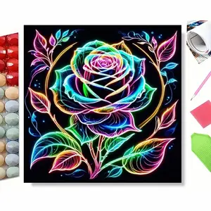 Neon Rainbow Rose 5D Diamond Painting Kit, Full Drill Rhinestone Embroidery, DIY Glowing Floral Art with Neon Leaves & Golden Circle, Perfect Gift for Neon Art Lovers, Premium Home Wall Decor for Living Room Bedroom