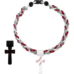 Boys Baseball Sports Necklace, Triple Rope Tornado Necklace with Cross Pendant, Soft Silicone Jewelry, Inspirational "I Can Do All Things" Philippians 4:13, White