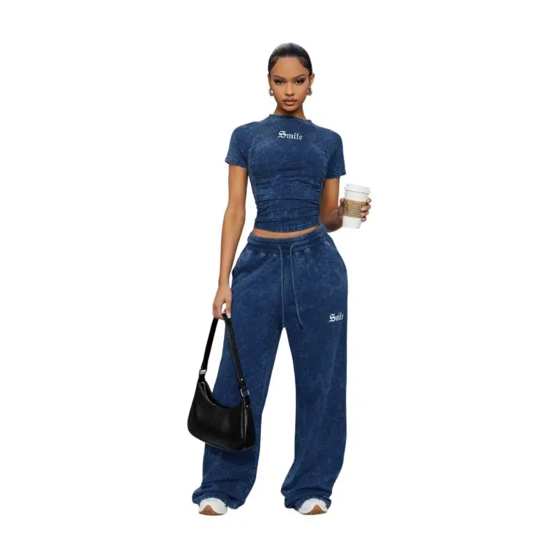 Women's Washed 2-Piece Lounge Set – Crop Top & Wide Leg Sweatpants
