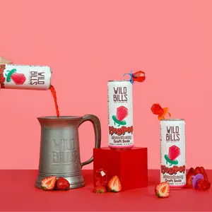 Wild Bill's Strawberry Ring Pop Craft Soda Pop Soft Drinks - Pure Cane Sugar, No HFCS, Lightly Carbonated, Vegan, Low Sodium, Gluten Free, 12 Pack Beverage Corn