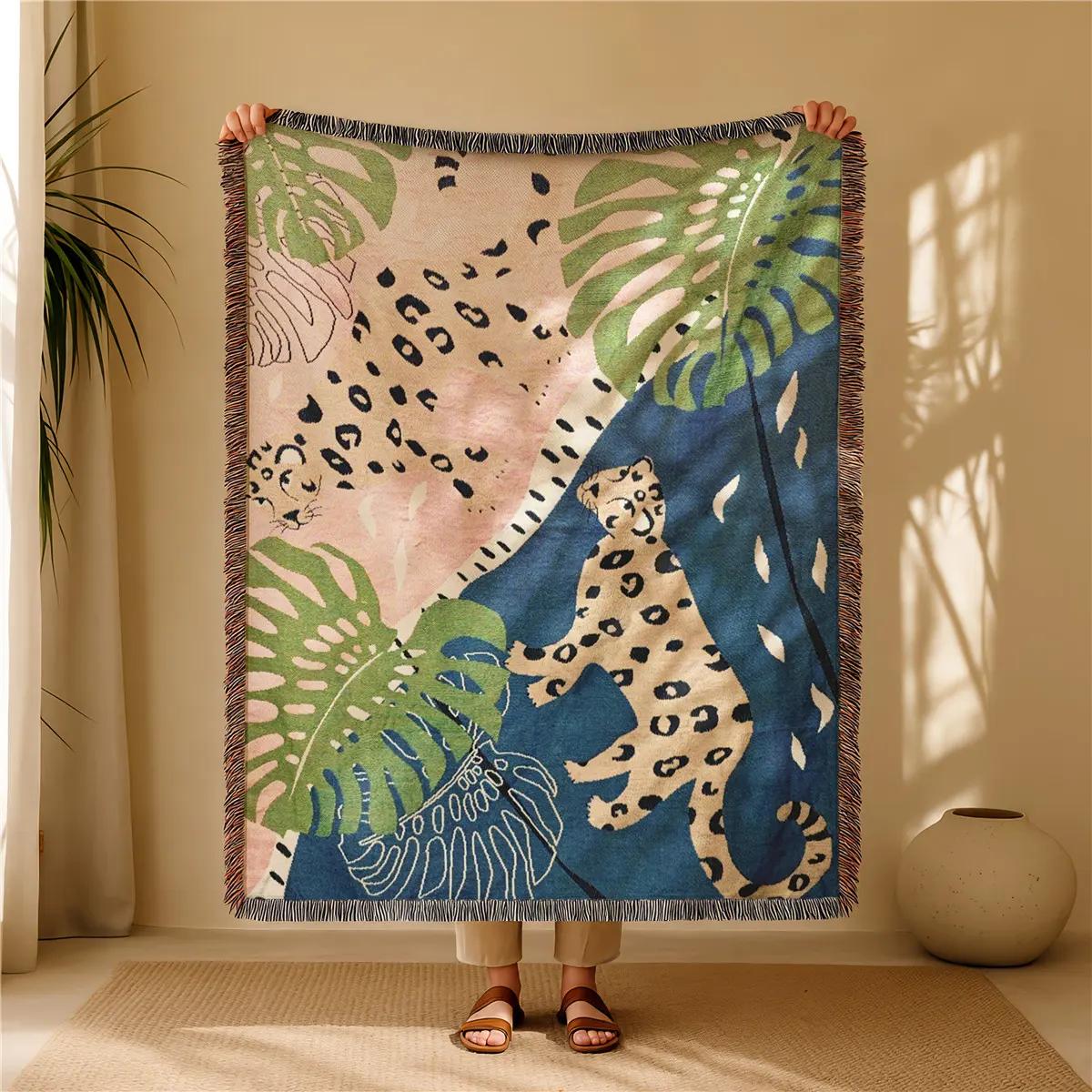 Pink Blue Leopard Pattern Bohemian Yarn Jacquard Woven Boho Throw Blanket with Tassel, Blanket with Tassels, Cozy Warm Thick Soft Washable Throw Blanket, Used for Home Decor, Sofa, Chair, Bed, Outdoor Camping