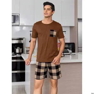 sSummerHomewear Men CheckeredPrintShortSleeveTop DrawstringShortsSet