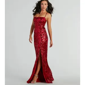 Marisol Lace-Up Column Sequin Satin Formal Dress