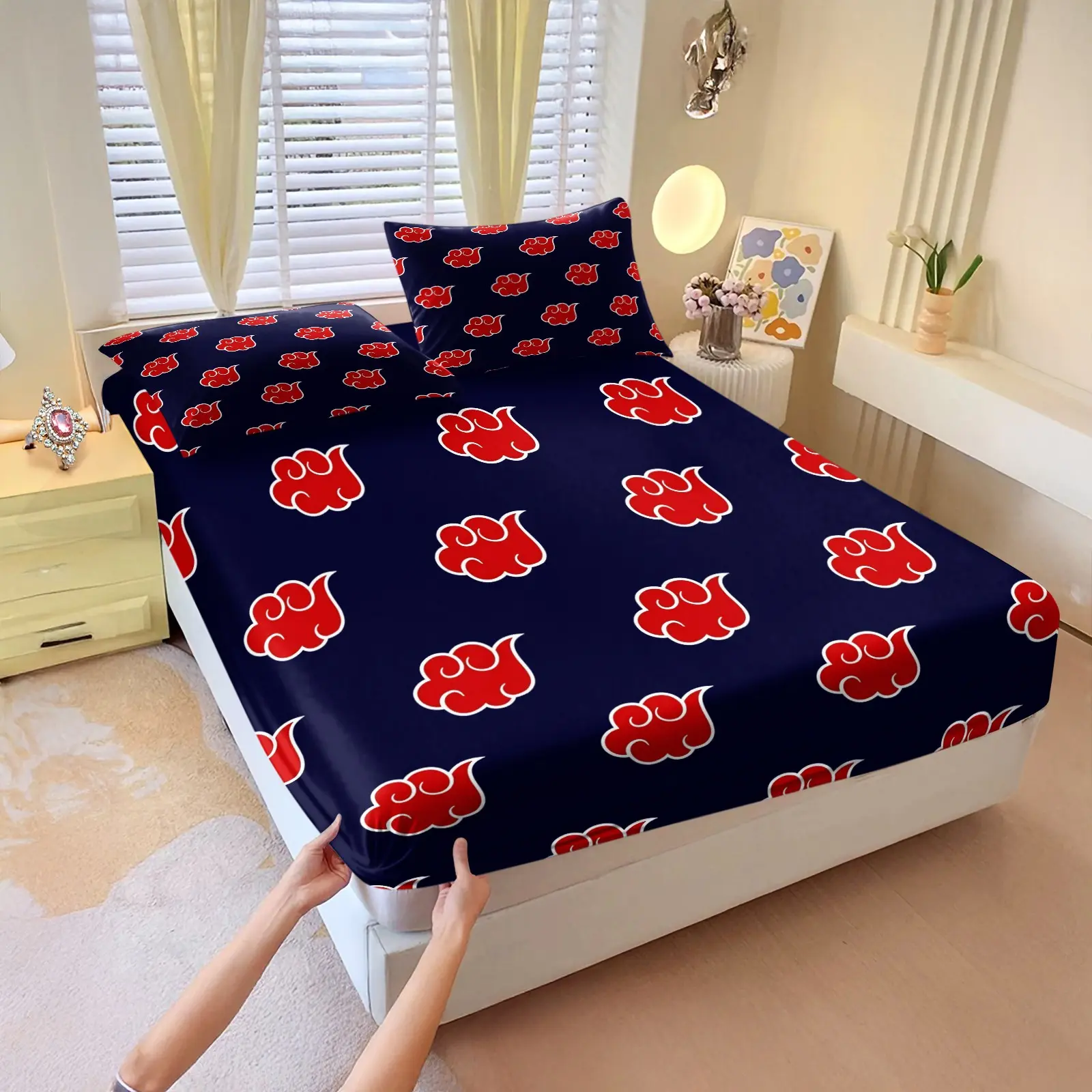 Naruto Akatsuki Red Cloud Bed Sheet Three-Piece Set, Gift For Anime-Loving Boyfriend Or Brothers, High-Value 2D Bedroom Memorabilia (1 Bed Sheet, 2 Pillowcases, Filling Not Included)
