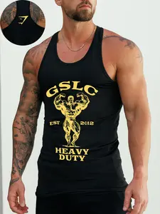 1pc Men's Black Stringer Tank Top GSLC Heavy Duty Graphic Racerback Bodybuilding Vest Soft Cotton Blend Muscle Shirt for High Intensity Gym Workout Sports Fitness Vest