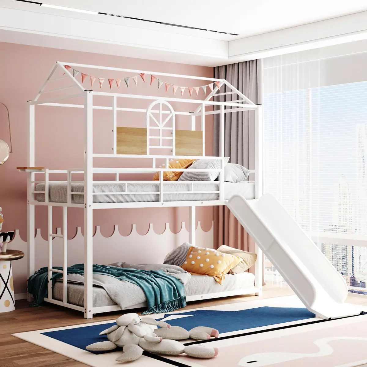 Twin Over Twin Metal Bunk Bed ,Metal Housebed With Slide,Three Colors Available.(White with White  Slide)(OLD SKU :MF291674AAK)