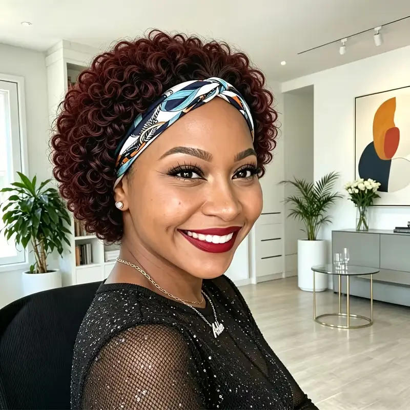 200 Density Curly Wavy Hairband Wig, Brazilian Real Hair, 6-inch Curly Hair Wig (No Glue Required), Women's Style, 99J, Burgundy