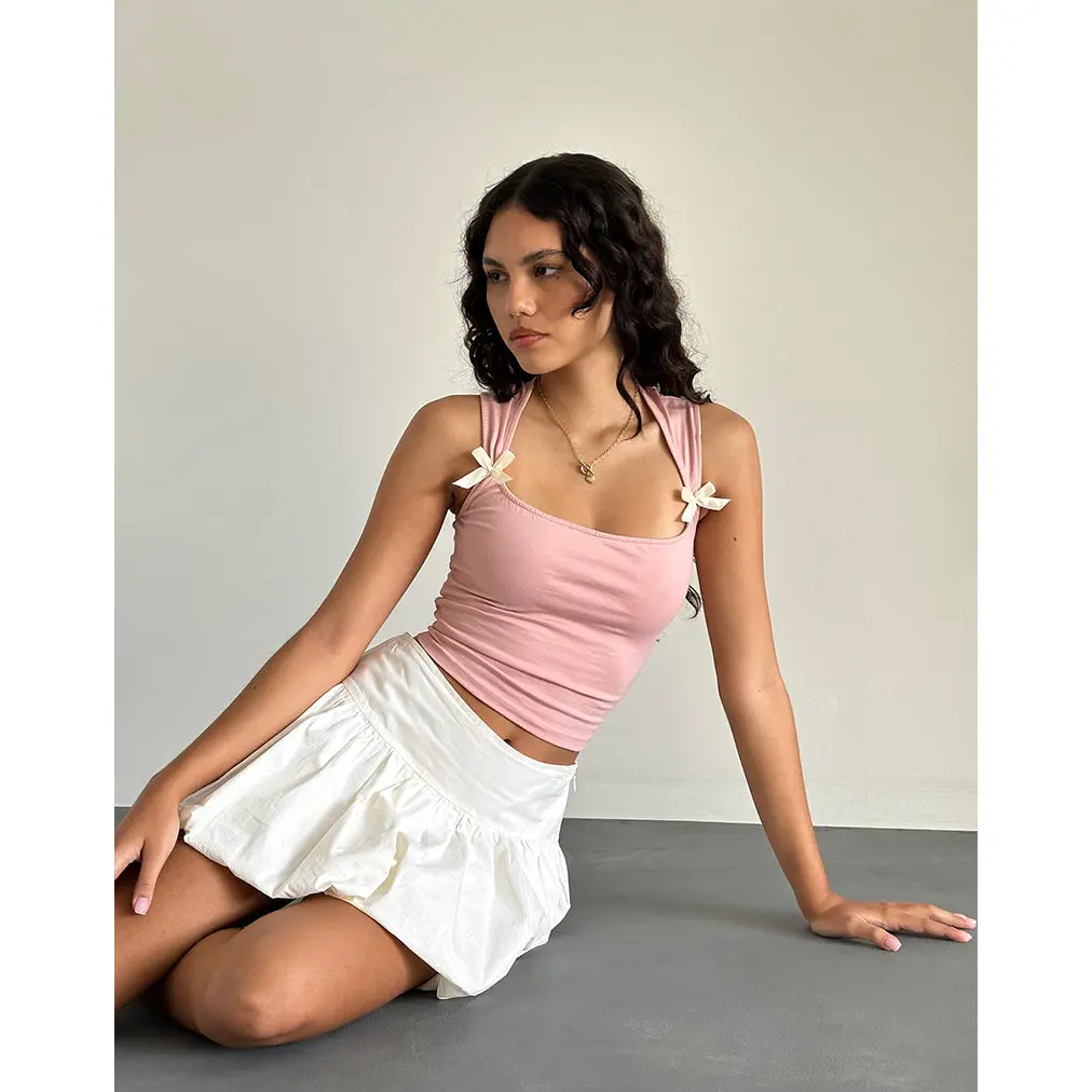 Jiniso Crop Top in Pink Lady with Ivory Bows