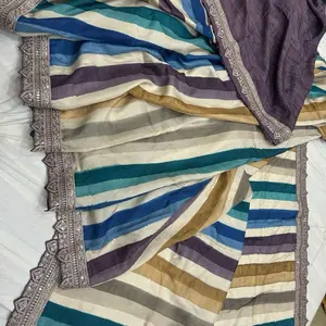 Saree - Multicolor Striped Design with Intricate Lace Trim for Traditional Wear