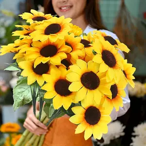 Four bouquets, sunflower artificial bouquet with stalk fake plant UV protective plastic greenery outdoor imitation flowers that do not fade, suitable for garden porch window ledge decoration, Home Decor Accessory