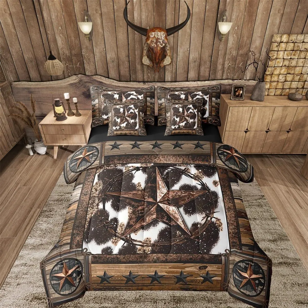 Brown Western Aztec 7 Pieces Bedding Set West Texas Star Comforter Set with Sheets for Kids Boys Girls Decor Wild Cowboy Cow Fur Printed Rustic Farm Bed in a Bag Soft Bedroom Decor