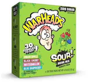 Warheads Singles To Go Sour Drink Mix, 30 Sticks, Variety Pack (Green Apple, Black Cherry, Watermelon, Blue Raspberry), Zero Sugar, Low Calorie