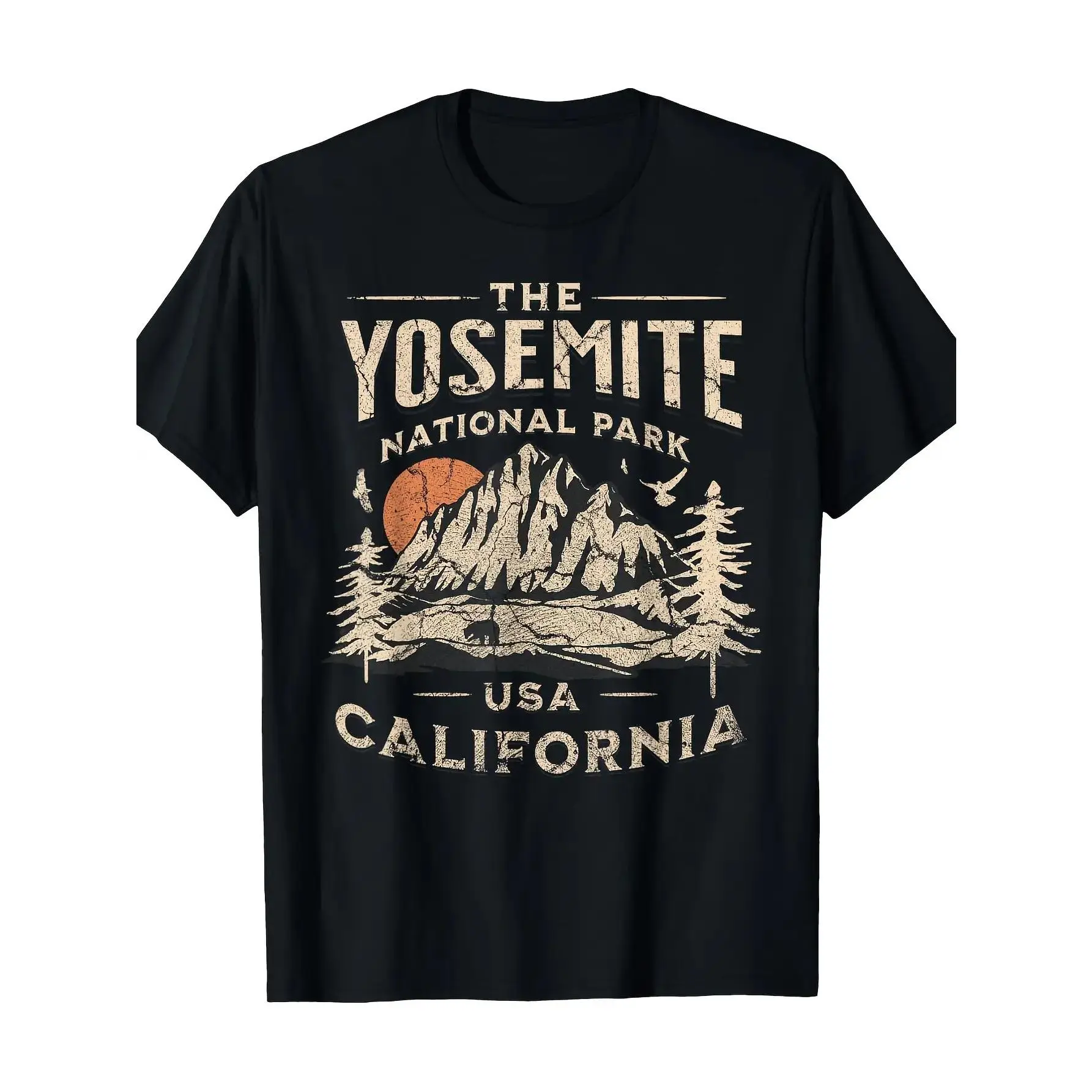 Men's Yosemite National Park Vintage Graphic Short-Sleeve Shirt - Soft Cotton Menswear, Round Neck, Casual Fit, Loose Bohemian, Scenic Mountain Landscape, Hangable Fold Streetwear for Casual Outings