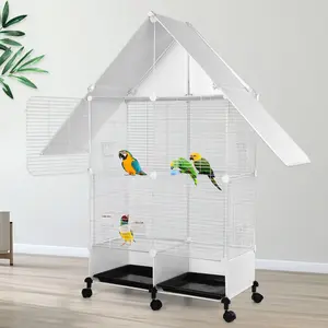 Portable Large Bird Cage with Rolling Stand, 2 Tier Lockable House Shape Iron Cage for Canary Finch Budgie