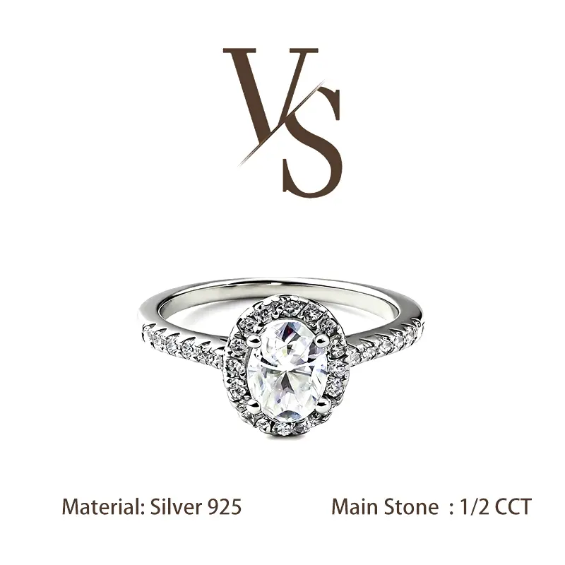 [Venus Jewelry] Synthetic Moissanite 1/2 CCT Oval Shape Halo Design VVS 1 D Color Solid Silver 925 Solitare Ring