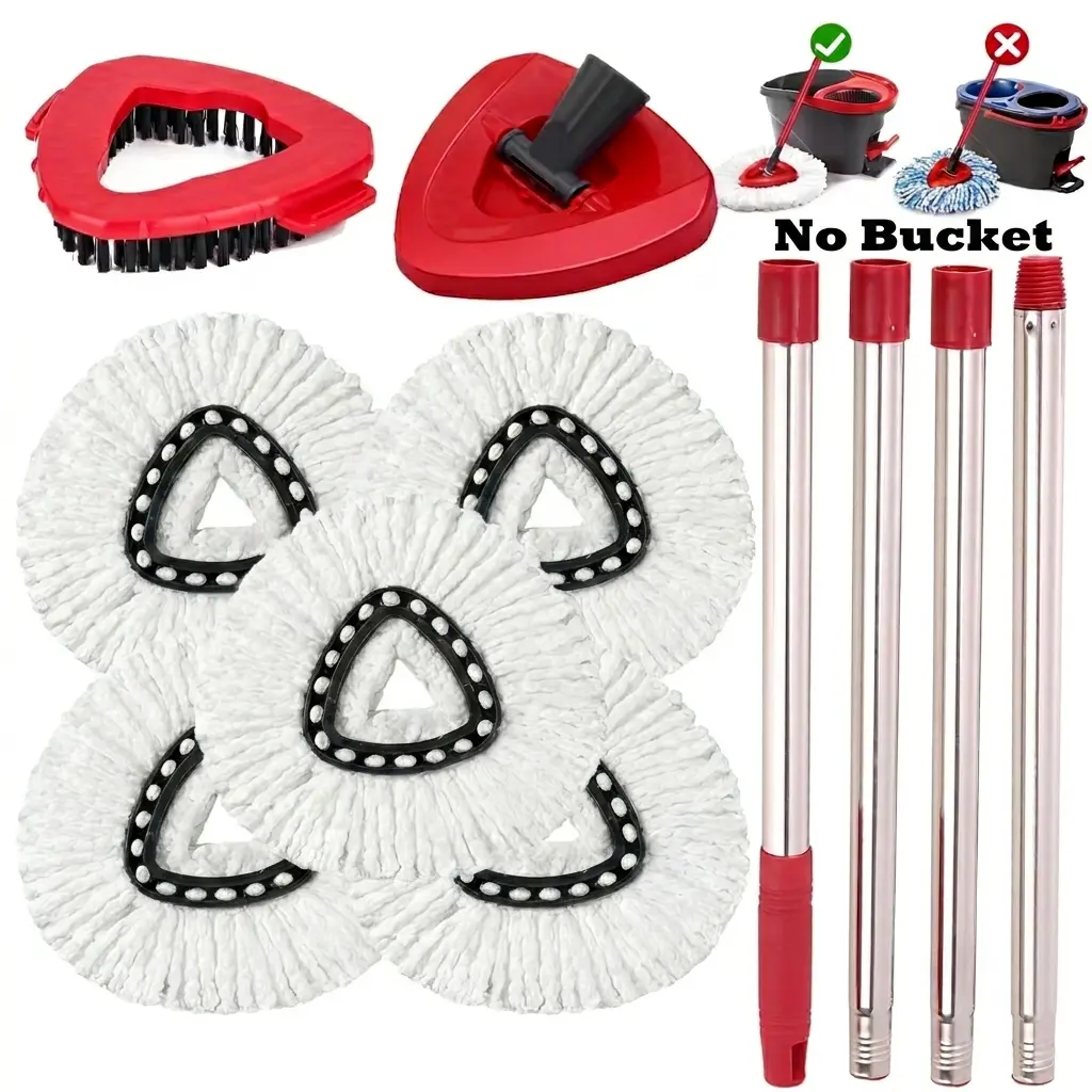 5-in-1 Heavy-Duty Extendable Microfiber Spin Mop Head Replacements Kit (Handle & Base Included, No Bucket) - 30-58in Stainless Steel Pole, Triangle Base, Grout Scrub Brush, 5 Refills for O-Cedar EasyWring 1-Tank System, Cleaning Abs Clean Floors Solution,