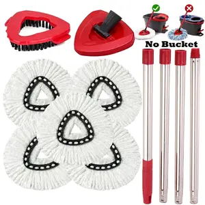 [Handle & Base Included, NO Bucket] 5-in-1 Adjustable Microfiber Spin Mop Head Replacements with Triangle Base & Grout Scrub Brush Set for O-Cedar EasyWring 1-Tank System, 30-58in Extendable Stainless Steel Pole, 5 Refills Pack Scrubber