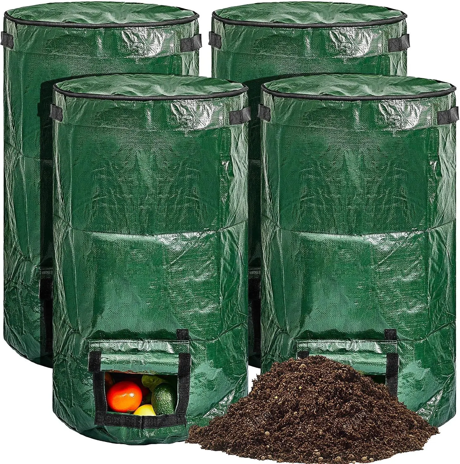 4 Pieces Compost Bin Bags Large 34 Gallon Reusable Yard Waste Lawn Bags Heavy Duty Garden Composting Garbage Can Outdoor Container with Zipper Lid and Handles for Loading Leaf Trash