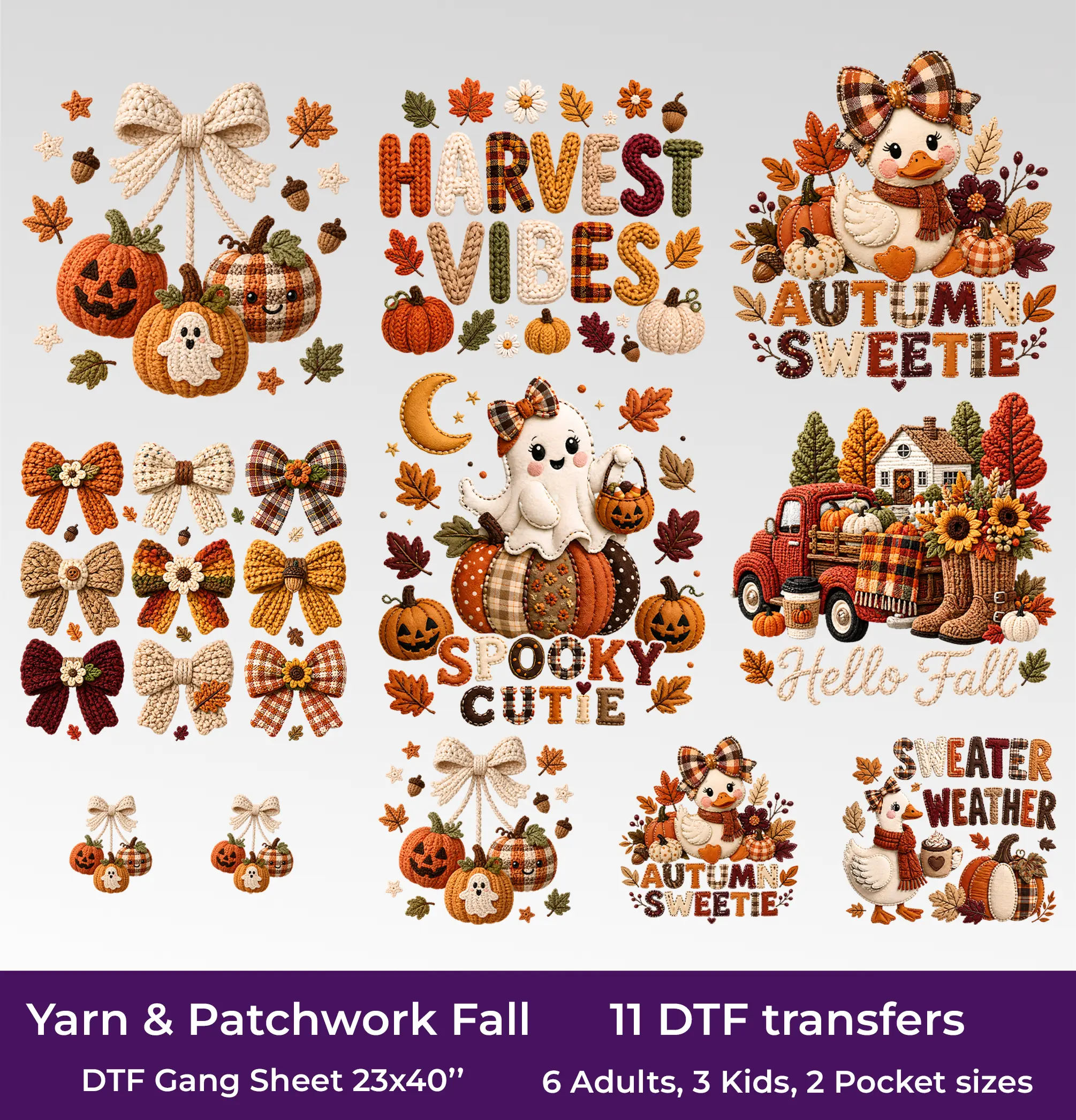 Yarn & Patchwork Fall DTF Gang Sheet, 23x40 in. Ready-to-press Heat transfers