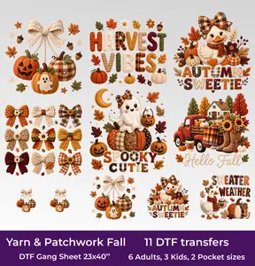 Yarn & Patchwork Fall DTF Gang Sheet, 23x40 in. Ready-to-press Heat transfers