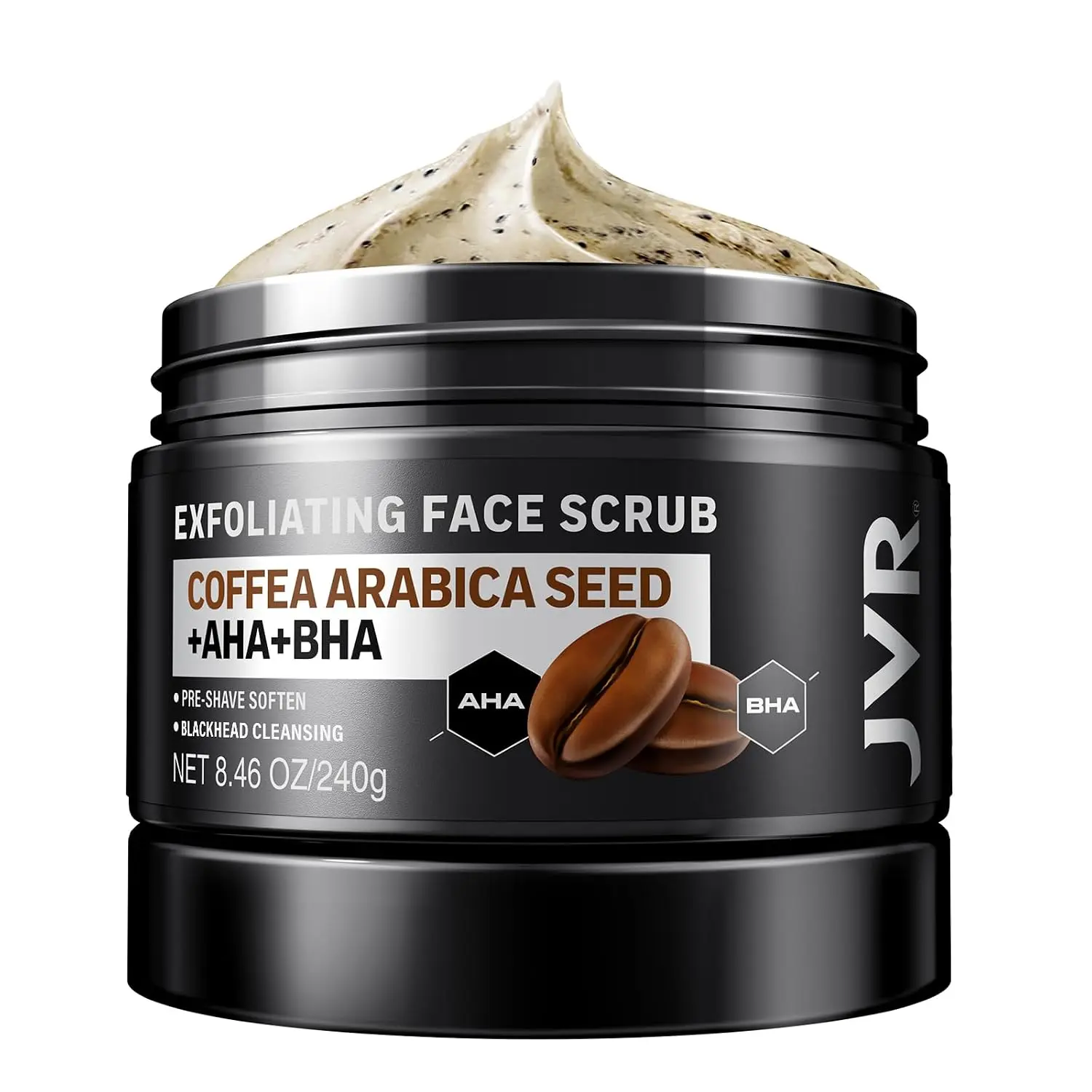 JVR Face Scrub for Men, Facial Scrub for Deep Exfoliating, Cleansing Blackheads, Ingrown Hair, Pre-shave Soften, Organic Formulated with Coffee Extract, AHA and BHA Face Exfoliator (4.23 oz)